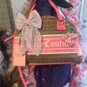 Juicy Couture Brown and Pink Shoulder Bag with Floral Bow